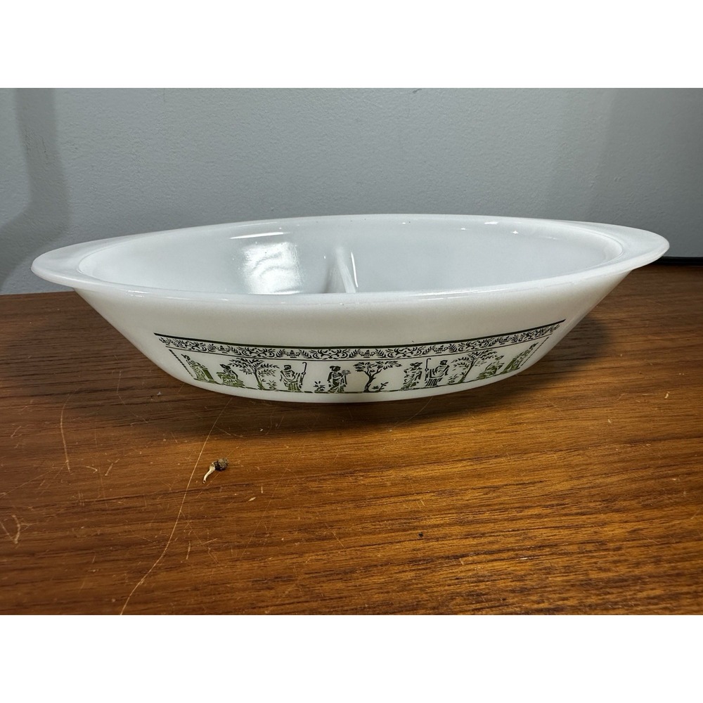 Vintage Glasbake Milk Glass Currier & Ives Divided Casserole Dish